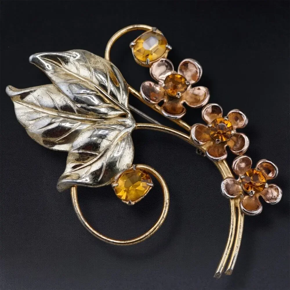 Vintage Sterling Silver Vermeil Flower Floral Spray Brooch Rhinestone Pin‎ 3